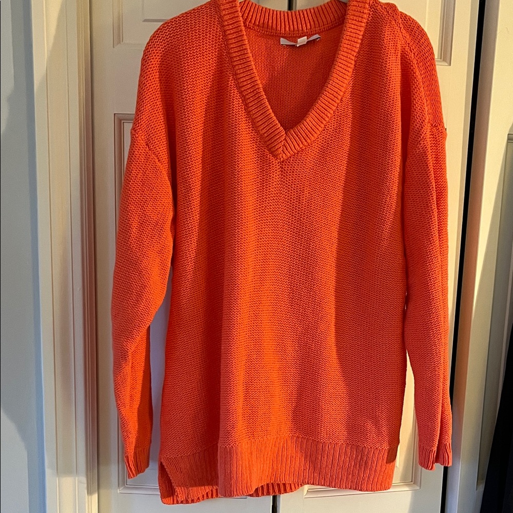 Vibrant Salmon Orange Cotton V-Neck Sweater